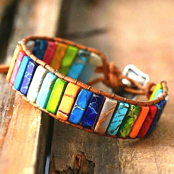Bracelet Stone Leather Vintage Style Rocker Hippie Surfer Mens Chakra Bracelet - Picture 5 of 7